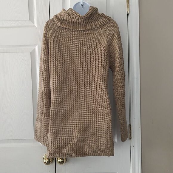 Grecerelle Tan Waffle knit cowl Asymmetric Hem Wrap sweater  cardigan Sz M - Picture 5 of 8